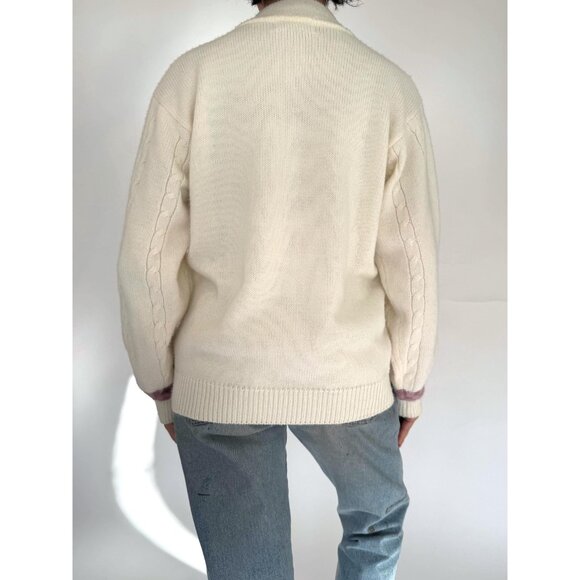 80s vintage cream floral embroidered grandma mock neck cable knit sweater - Picture 4 of 7